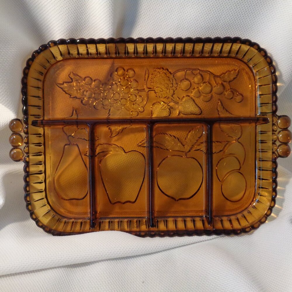 Relish tray Amber Indiana glass fruit design pressed glass divided   5 sections
